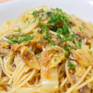 白菜と鯖缶のトマト風味パスタ